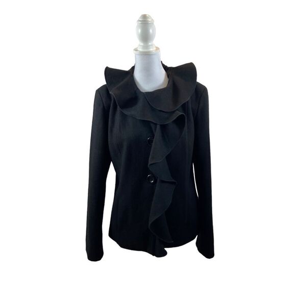 Dale Dressin Brand Black Wool Blend Ruffle Front Jacket Size Medium - Picture 2 of 16